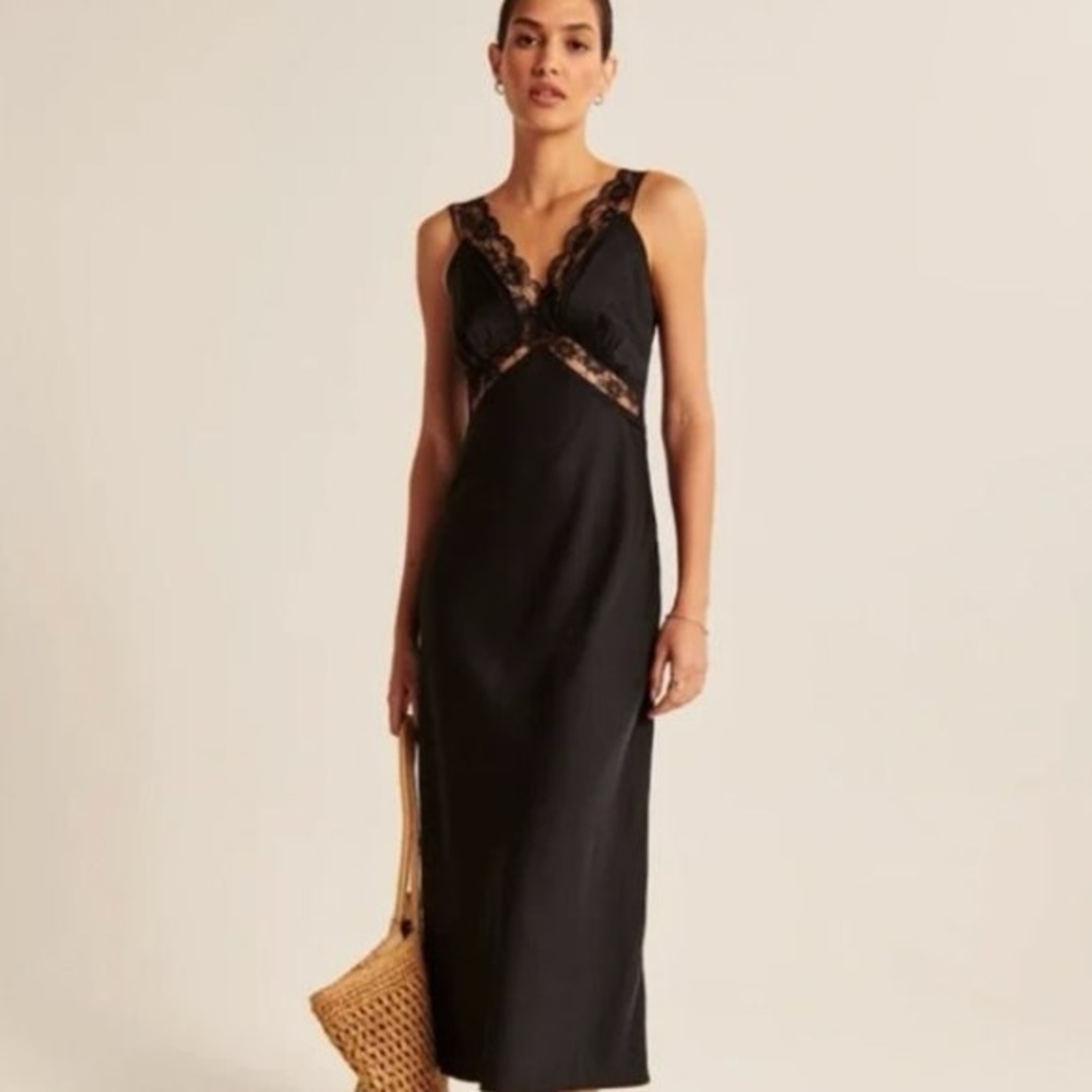 Abercrombie Satin Slip Midi Dress with lace trim
